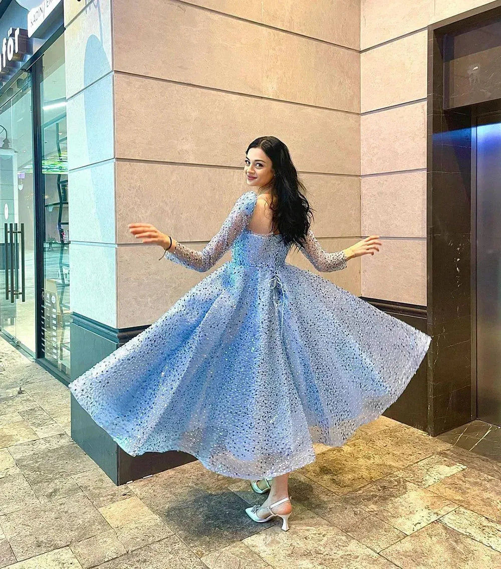 Ocean Blue Evening Dress Glitter Shiny Sequined Prom Gown 3/4 Long Sleeves Party Dress Lace Up Club Banquet Dress