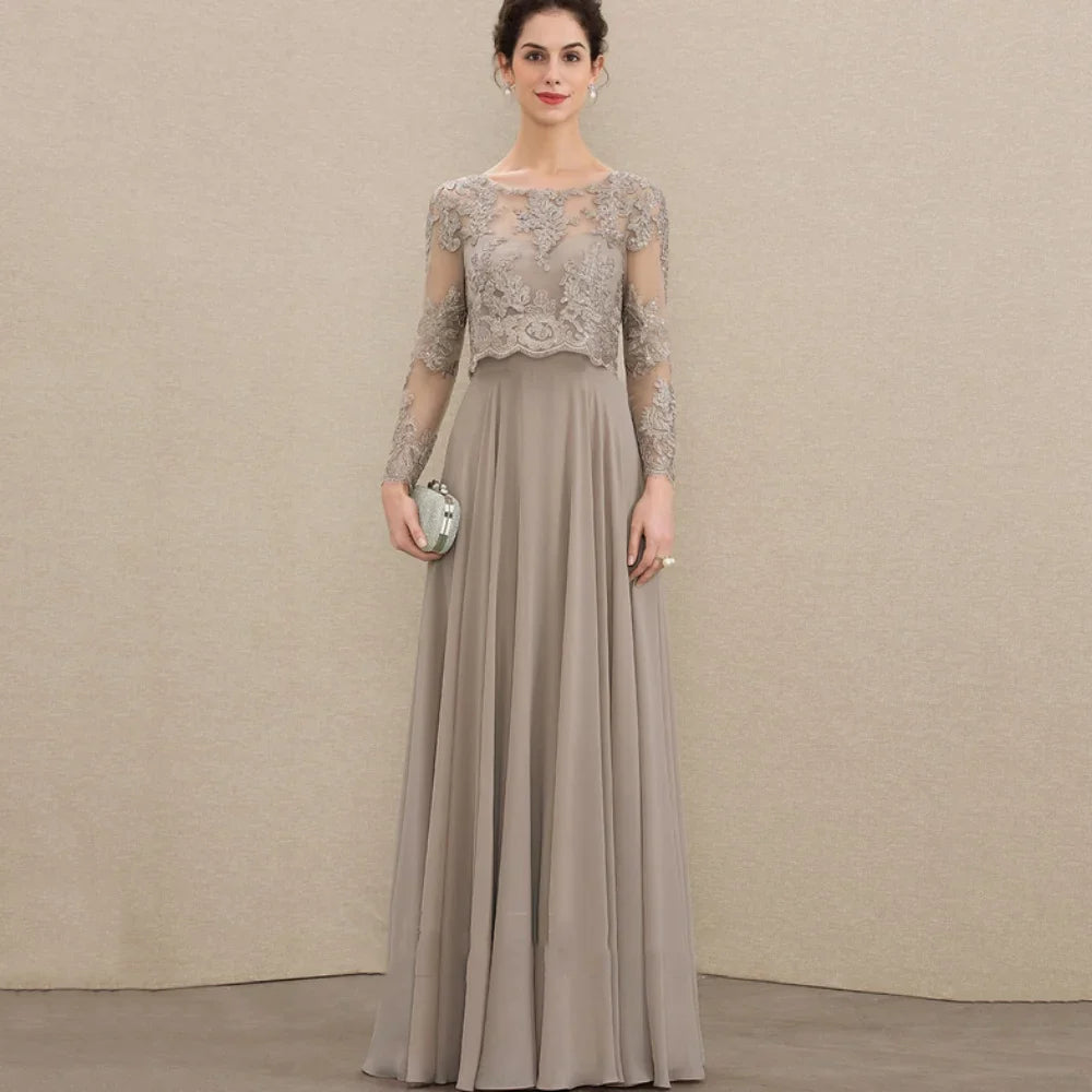 Customized Chiffon O Neck Bridal Dress Elegant Lace A Line Wedding Party Gowns For Bride Long Sleeves Formal Mother Dresses as picture 1