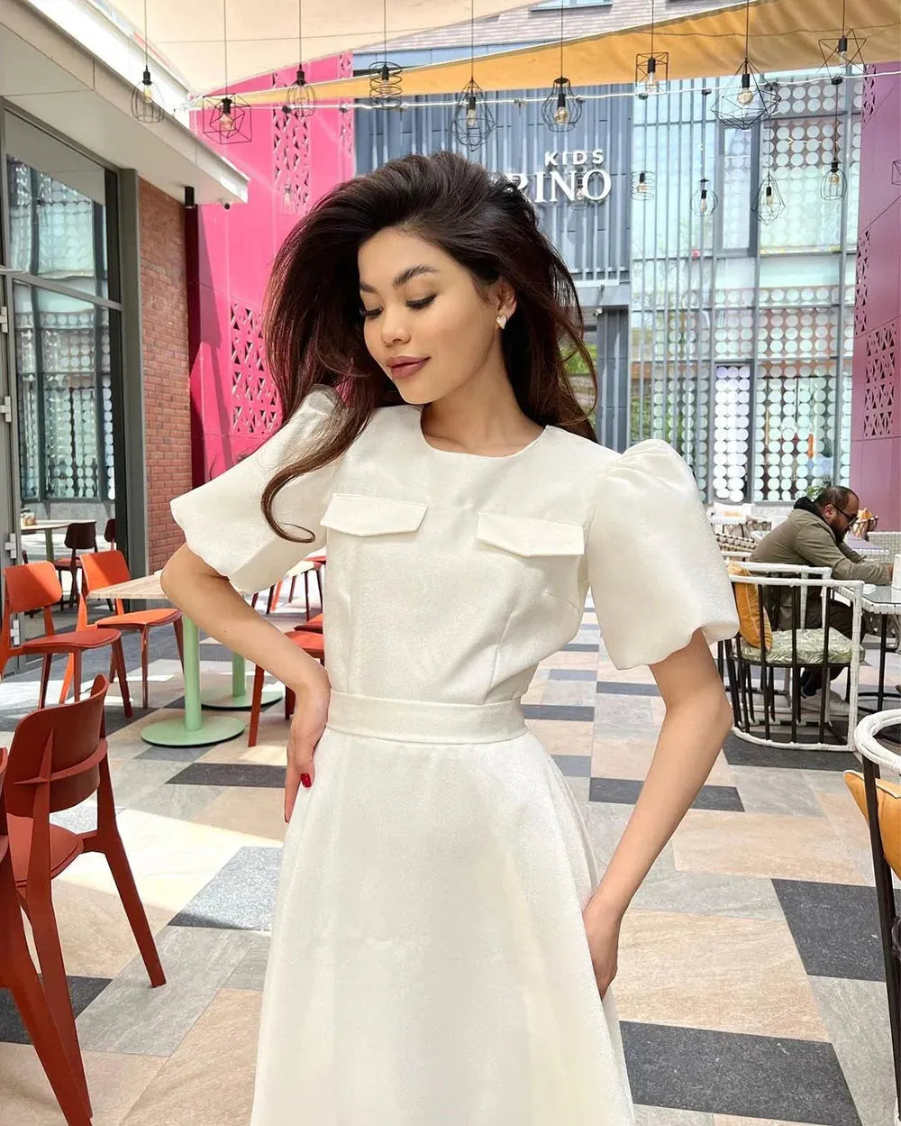 Charming Prom Dresses Elegant O neck Belt Short Puff Sleeves Evening Gowns Tea Length Graduation Formal Dress Pocket