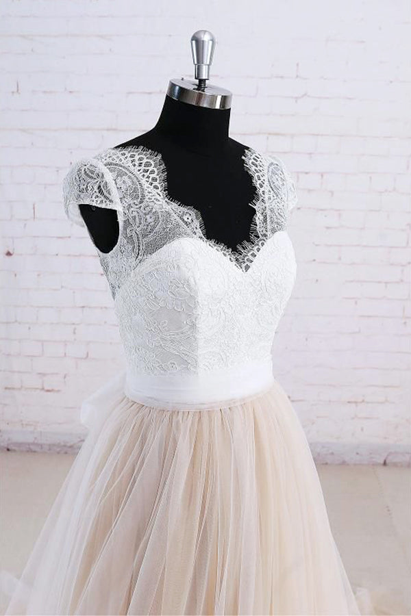 Affordable Shortsleeves Straps V-neck Wedding Dress | Tulle Ruffles Bridal Gowns