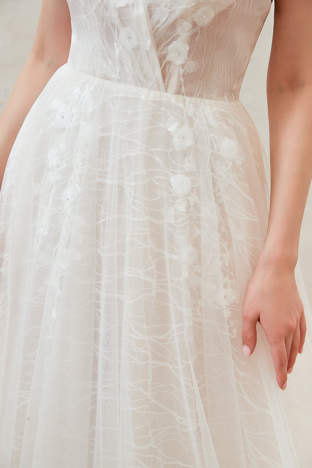 Affordable Tulle V-Neck Long Wedding Dress with Appliques