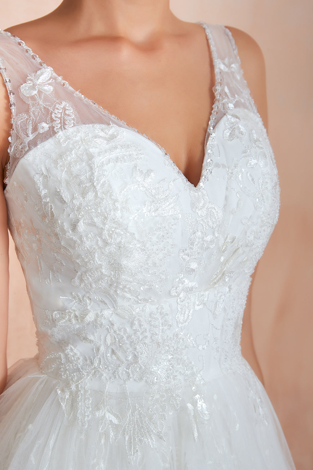 Affordable V-Neck Tulle Lace Long White Wedding Dress