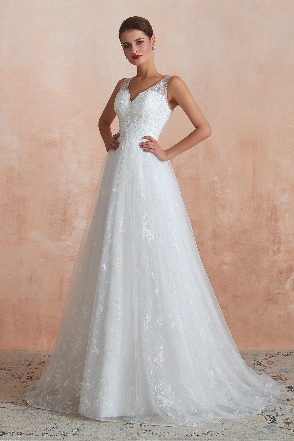 Affordable V-Neck Tulle Lace Long White Wedding Dress
