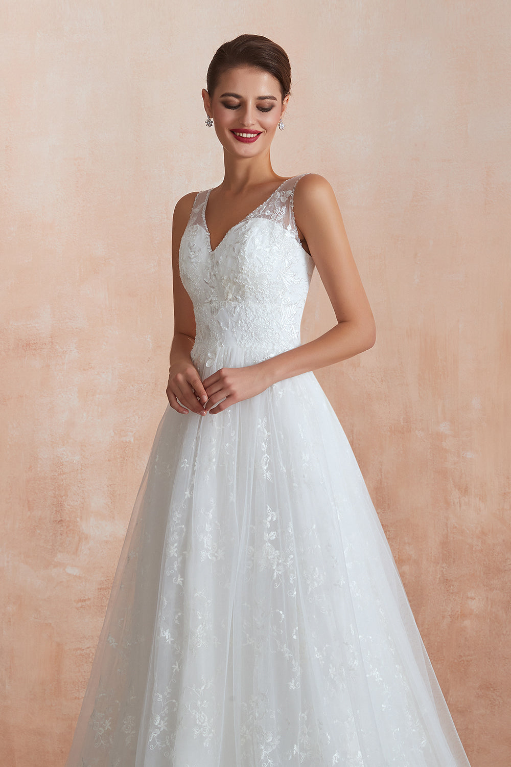 Affordable V-Neck Tulle Lace Long White Wedding Dress