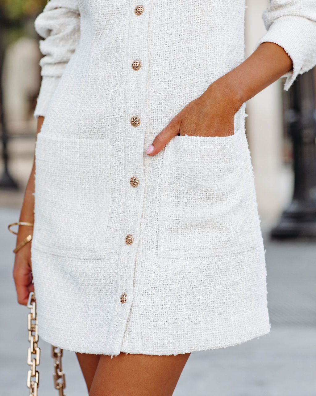 Alexandria Pocketed Button Down Tweed Dress Ivory