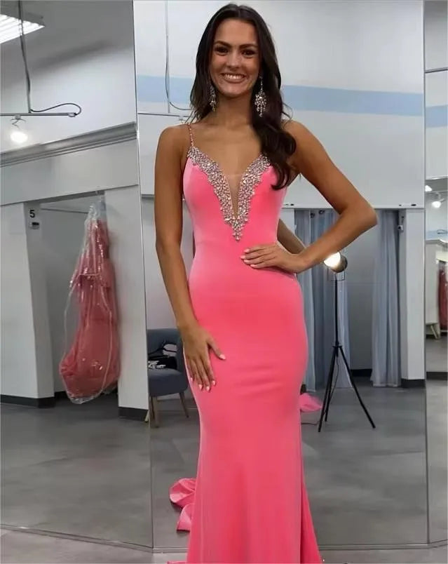 Hearty Pink Prom Dress Mermaid V-Neck Spaghetti Strap Sequineds Ruched Floor Length Evening Dress robes de soirée