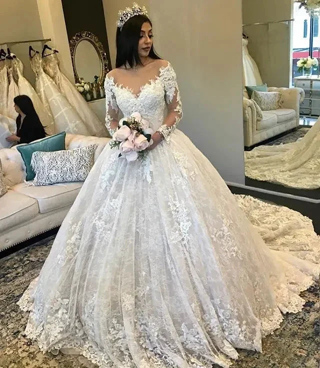 Amazing New Puffy Wedding Dresses Sheer Neck Long Sleeves Ball Gown Court Train Beaded Lace Bride Dress mariage by payinti