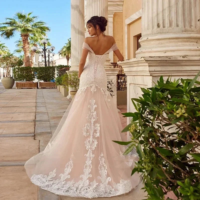 Appliques Vestido De Noiva Sexy Backless Mermaid Vestidos De Novia Off The Shoulder Lace Up Wedding Dresses Lace Robe De Mariée (ZD14076)
