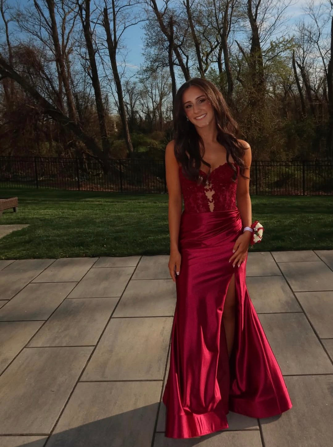 Appliques Burgundy Sheath Satin Prom Dress With Slit J10236