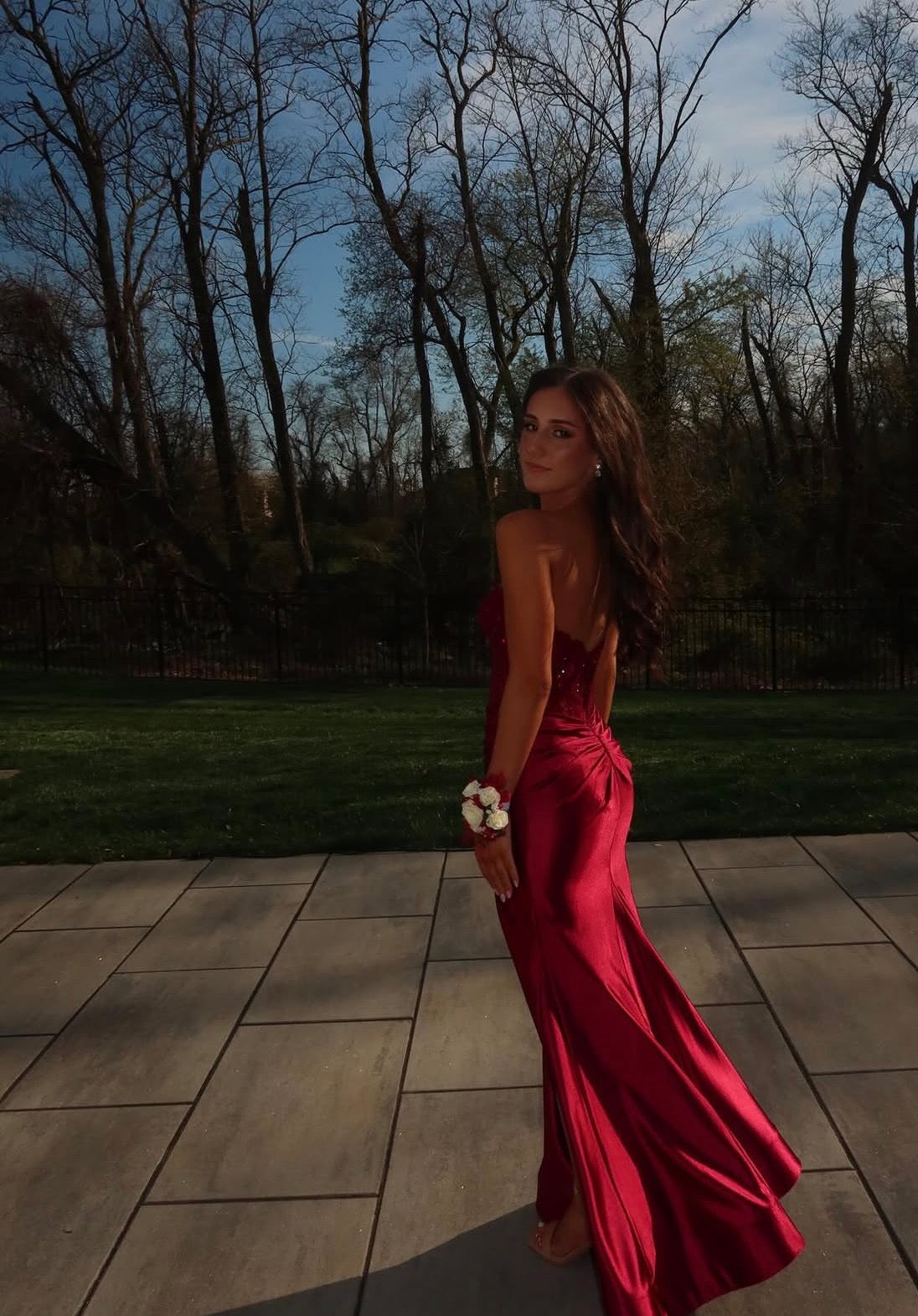 Appliques Burgundy Sheath Satin Prom Dress With Slit J10236
