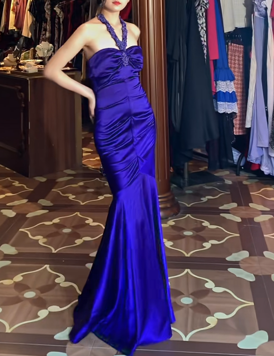 Appliques Halter Satin Royal Blue Mermaid Prom Dress J9675