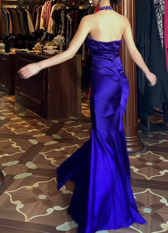 Appliques Halter Satin Royal Blue Mermaid Prom Dress J9675