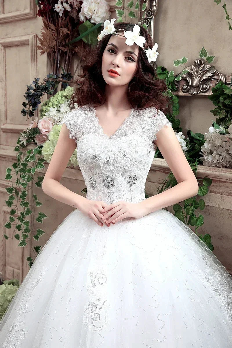Applqiues Vestido De Noiva Cap Sleeve Wedding Dresses V-neck Vestidos De Novia (ZD14013)