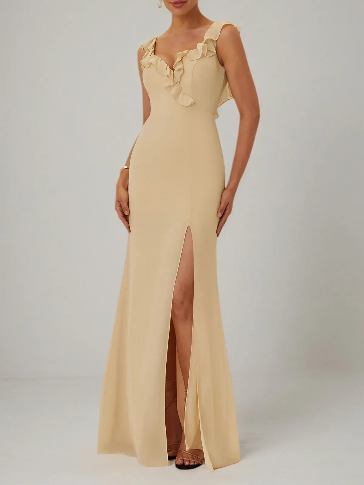 Apricot Ruffled Prom Dress Lotus Leaf Collar Sleeveless Mermaid Maxi Bridesmaid Dress