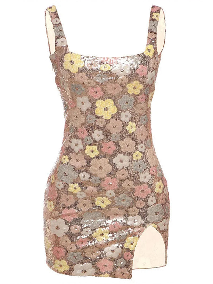 Sequined Flower Square Neck Slim Fit Homecoming Dress