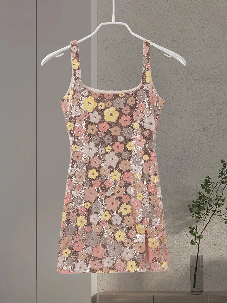 Sequined Flower Square Neck Slim Fit Homecoming Dress
