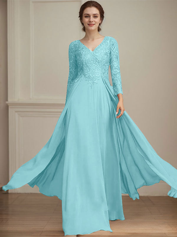 A-line V-Neck Floor-Length Lace Chiffon Mother of the Bride Dress With Sequins - View 13 | FashionDia