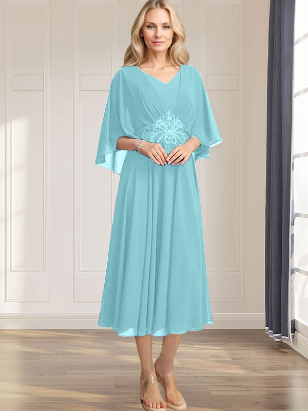 A-line V-Neck Tea-Length Chiffon Mother of the Bride Dress With Pleated Sequins Appliques Lace Beadind - View 8 | FashionDia