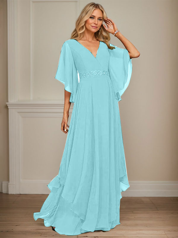 A-line V-Neck Floor-Length Chiffon Mother of the Bride Dress With Sequins Appliques Lace Beading - View 13 | FashionDia