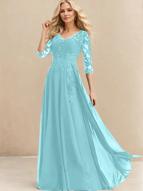 A-line V-Neck Floor-Length Lace Chiffon Mother of the Bride Dress With Sequins - View 6 | FashionDia