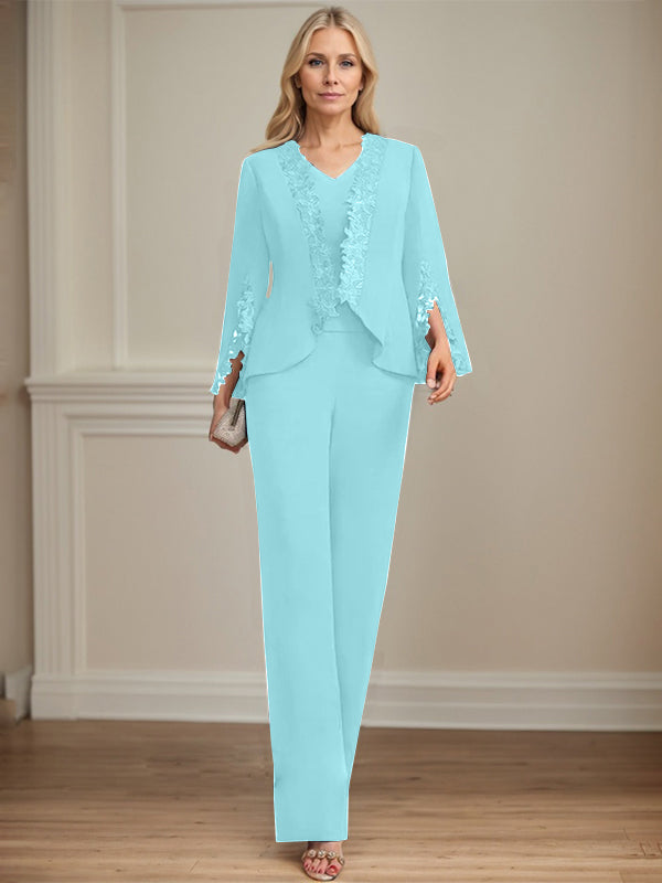 Separates Jumpsuit/Pantsuit V-Neck Floor-Length Chiffon Mother of the Bride Dress - View 9 | FashionDia
