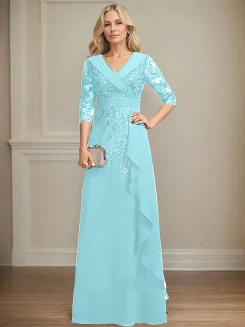 A-line Collared V-Neck Floor-Length Lace Chiffon Mother of the Bride Dress With Sequins Cascading Ruffles - View 14 | FashionDia