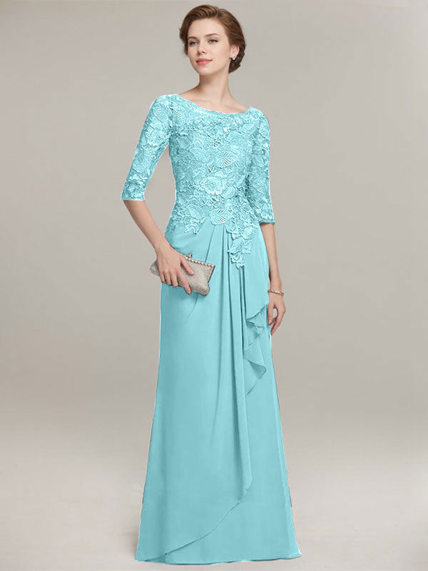 A-line Scoop Illusion Floor-Length Lace Chiffon Mother of the Bride Dress With Cascading Ruffles - View 8 | FashionDia