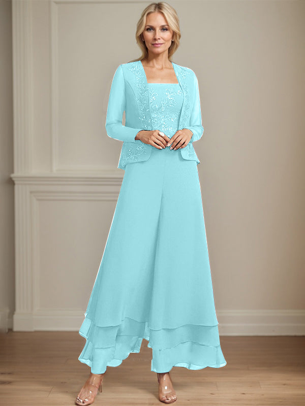 Separates Jumpsuit/Pantsuit Square Ankle-Length Lace Chiffon Mother of the Bride Dress With Sequins - View 12 | FashionDia