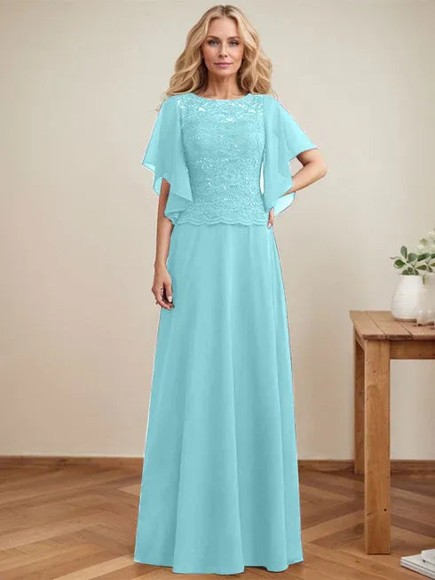 A-line Scoop Illusion Floor-Length Lace Chiffon Mother of the Bride Dress With Sequins - View 8 | FashionDia