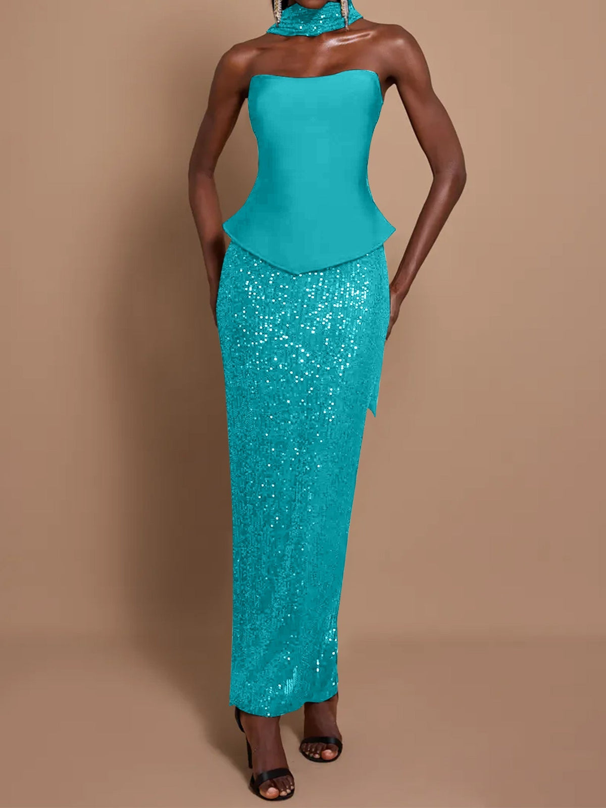 Off-Shoulder Bandage Top & Sequin Midi Skirt Set - View 2 | FashionDia