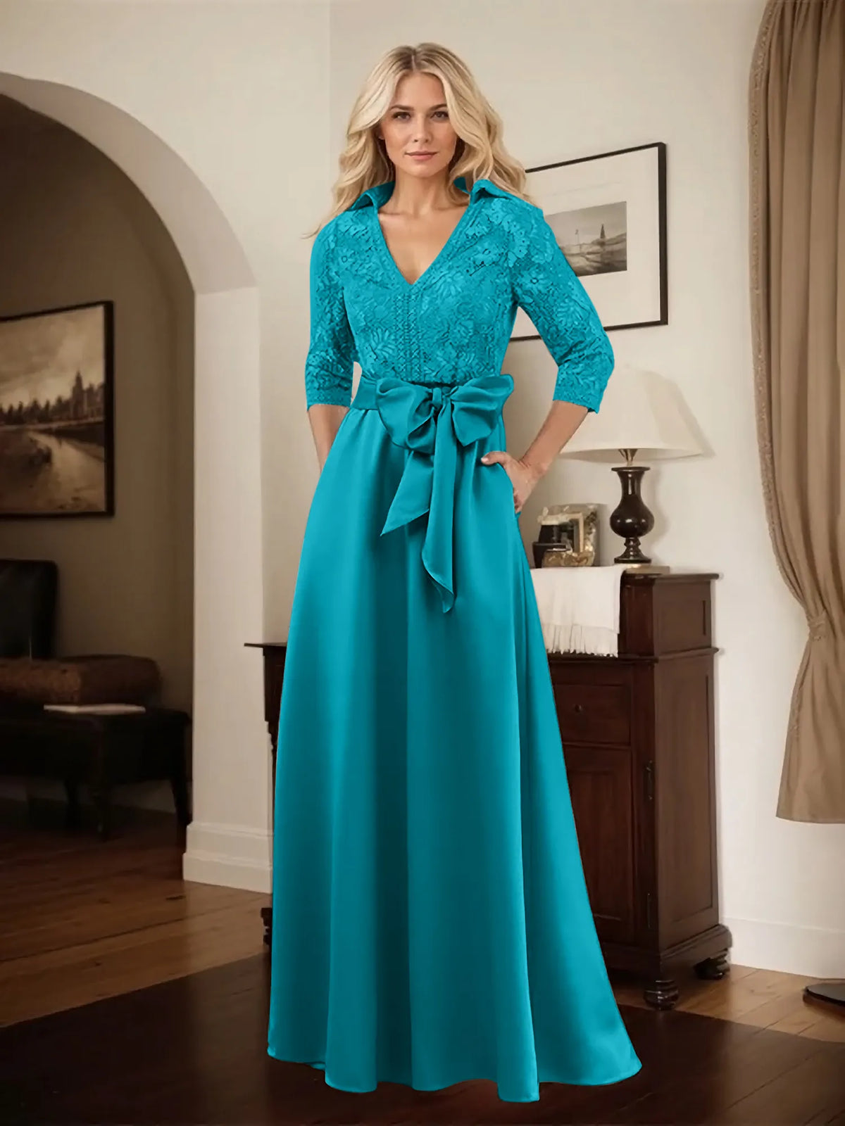 Classic V-Neck Bow Accented Satin Mother Of The Bride Dress With Lace - View 3 | FashionDia
