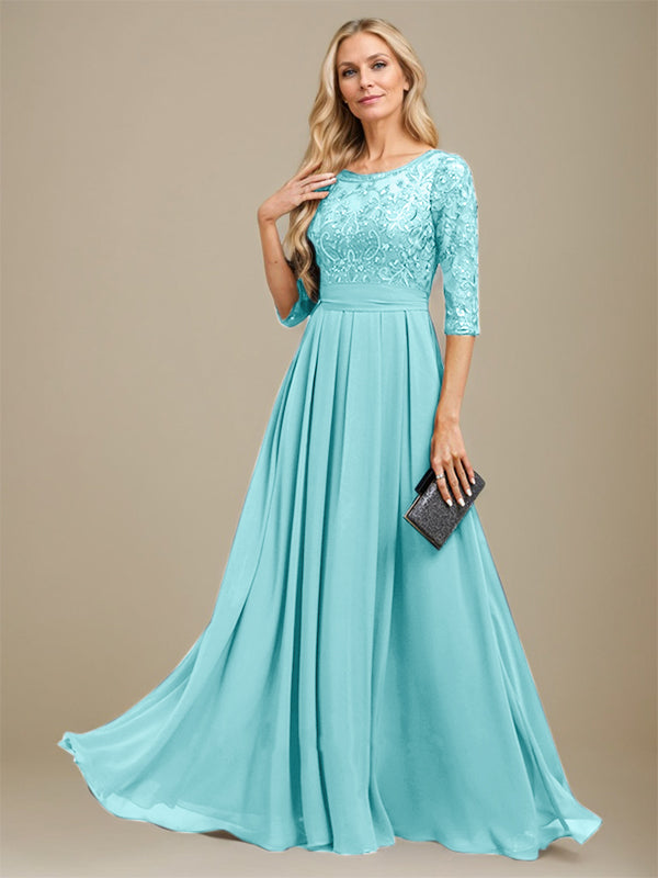 A-Line Scoop Floor-Length Lace Chiffon Mother Of the Bride Dress With Sequins Applique - View 8 | FashionDia