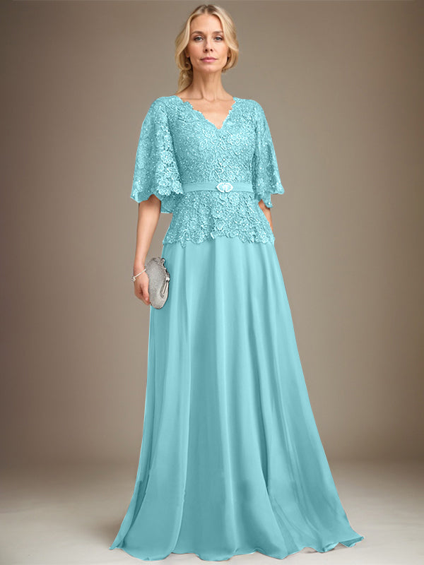 A-line V-Neck Floor-Length Chiffon Lace Mother of the Bride Dress With Crystal Brooch Rhinestone - View 8 | FashionDia