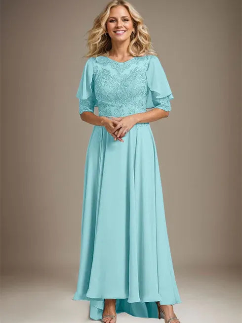 A-line Scoop Illusion Asymmetrical Chiffon Lace Mother of the Bride Dress With Beading - View 8 | FashionDia