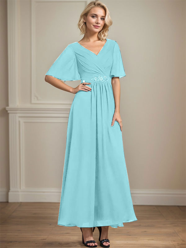 A-line V-Neck Ankle-Length Chiffon Mother of the Bride Dress With Pleated Beading Sequins - View 10 | FashionDia