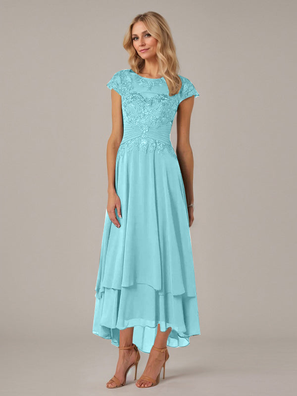A-line Boat Neck Illusion Asymmetrical Chiffon Lace Mother of the Bride Dress With Applique Pleats - View 9 | FashionDia