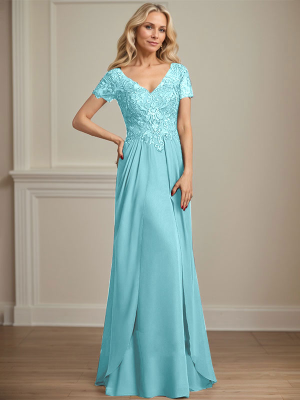 A-line V-Neck Floor-Length Chiffon Lace Mother of the Bride Dress - View 14 | FashionDia