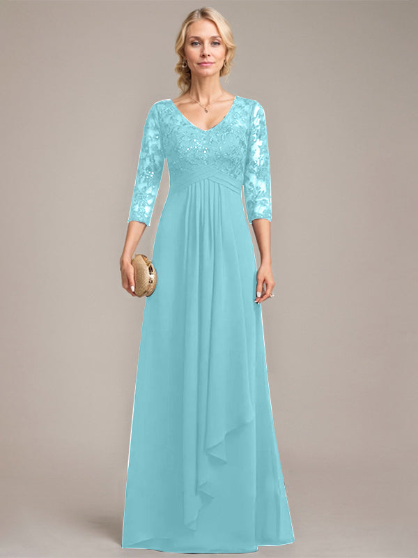 A-line V-Neck Floor-Length Lace Chiffon Mother of the Bride Dress With Cascading Ruffles Sequins - View 8 | FashionDia