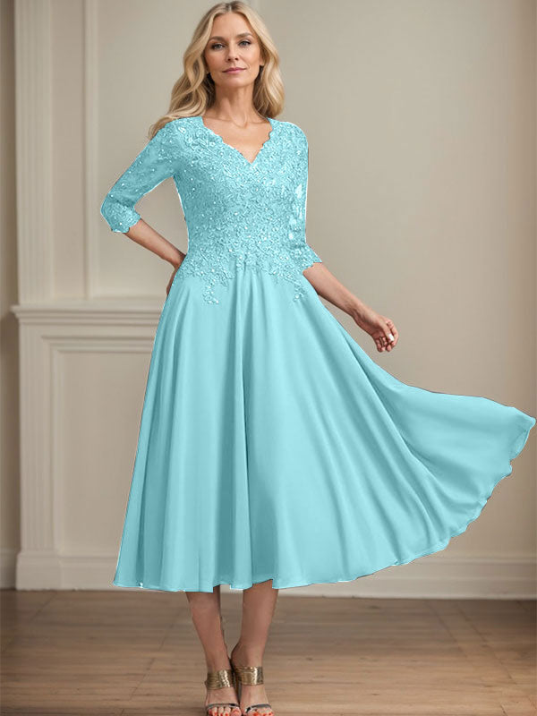 A-line V-Neck Tea-Length Chiffon Lace Mother of the Bride Dress With Beading Sequins - View 8 | FashionDia