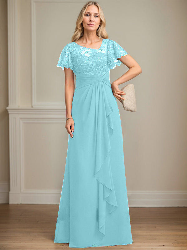 A-line Asymmetrical Illusion Floor-Length Lace Chiffon Mother of the Bride Dress With Cascading Ruffles Sequins - View 8 | FashionDia