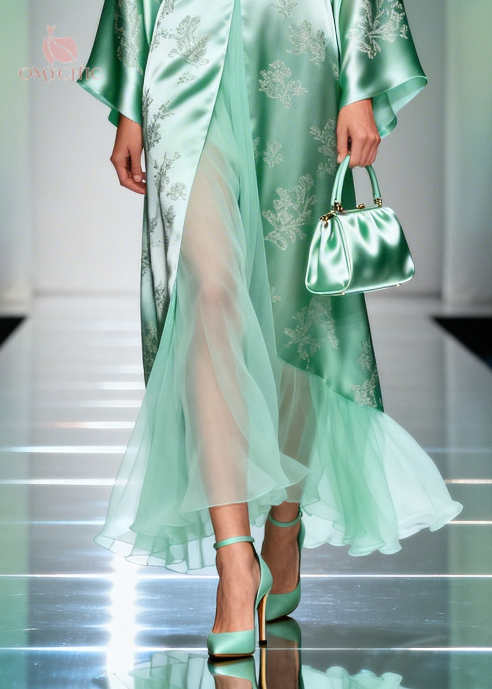 Art Lake Green Jacquard Patchwork Tulle Silk Long Dresses Spring