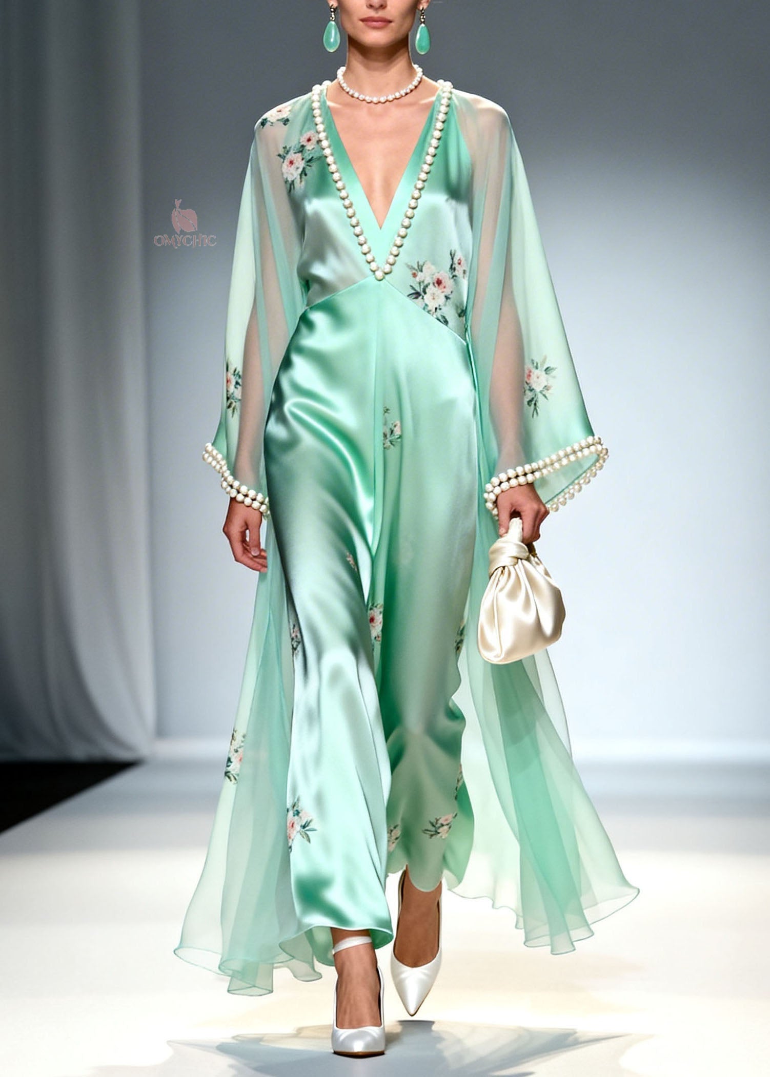 Art Light Green V Neck Print Nail Bead Silk Maxi Dress Summer