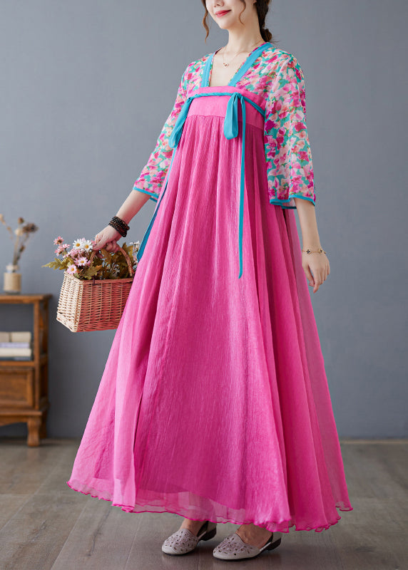 Art Rose V Neck Patchwork Exra Large Hem Cotton Long Dress Bracelet Sleeve