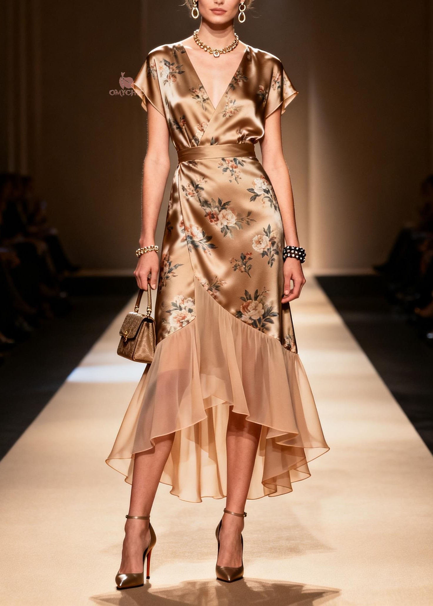 Art Ruffled Asymmetrical Print Patchwork Silk Dress Summer