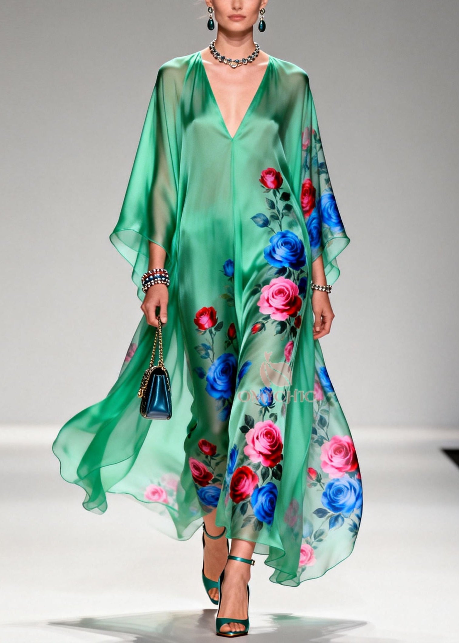 Art Tea Green Oversized Floral Print Chiffon Long Dresses Summer