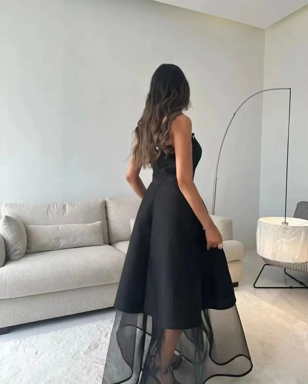 Black Saudi Arabic Organza Evening Dresses Strapless Crystal Formal Women Prom Gowns Special Occasion Dresses