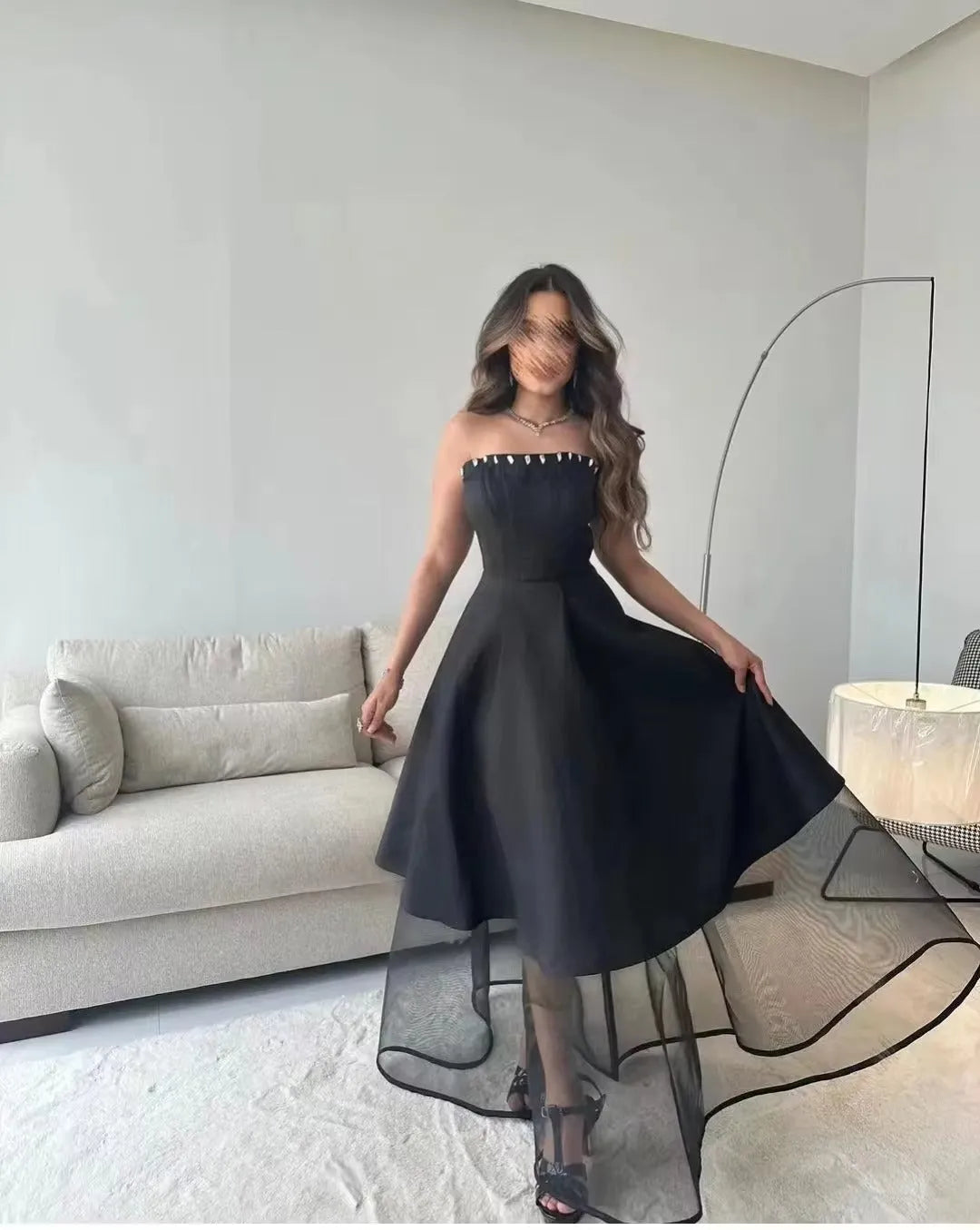 Black Saudi Arabic Organza Evening Dresses Strapless Crystal Formal Women Prom Gowns Special Occasion Dresses