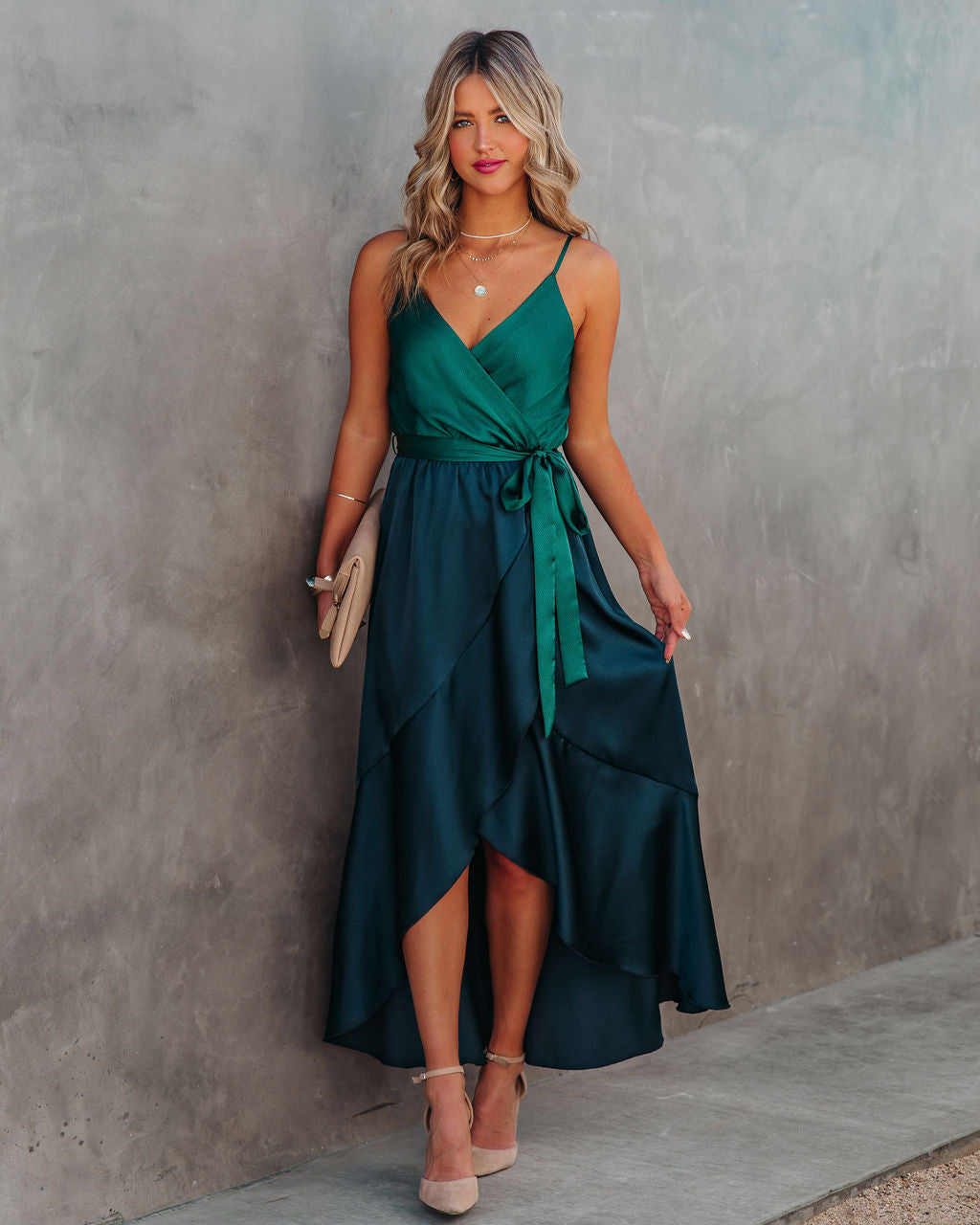 Ansley Satin Colorblock High Low Maxi Dress Green Navy