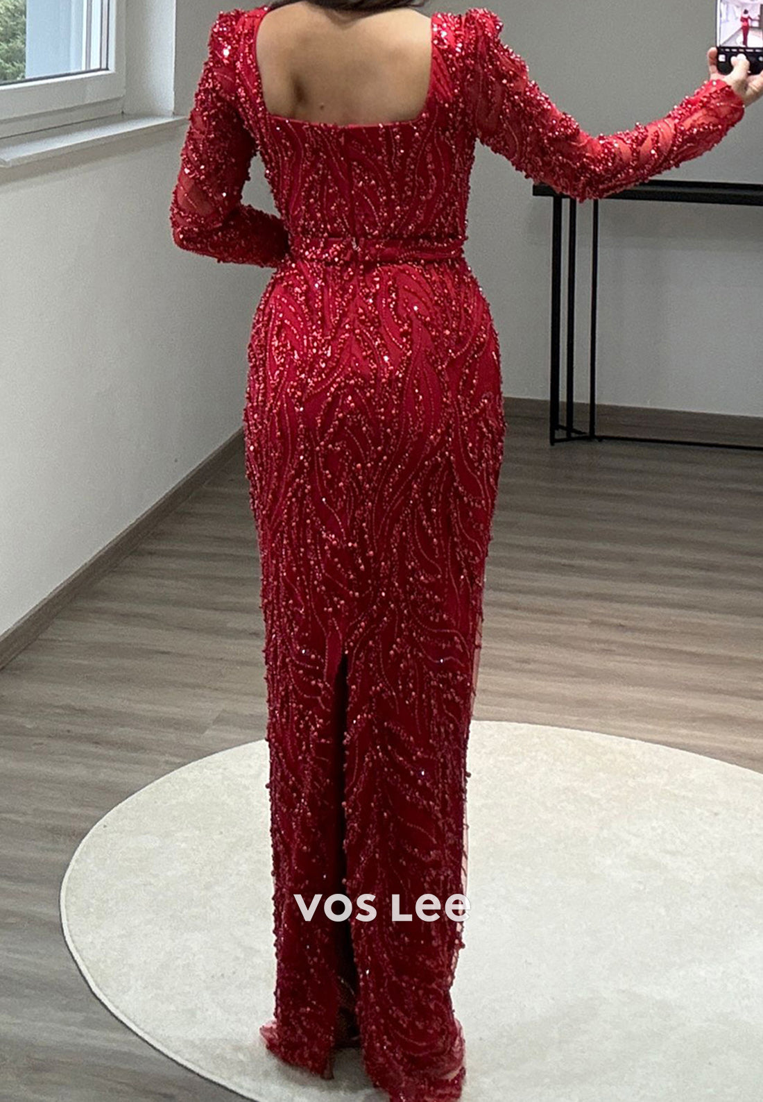 Column Floor-Length Square Long Sleeve Beading Glitter Split Formal Evening Dresses