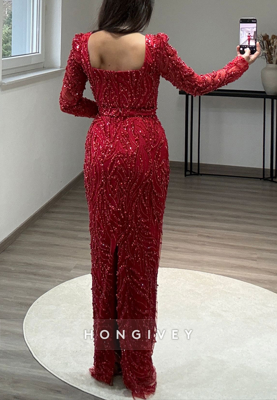 Column Floor-Length Square Long Sleeve Beading Glitter Split Formal Evening Dresses